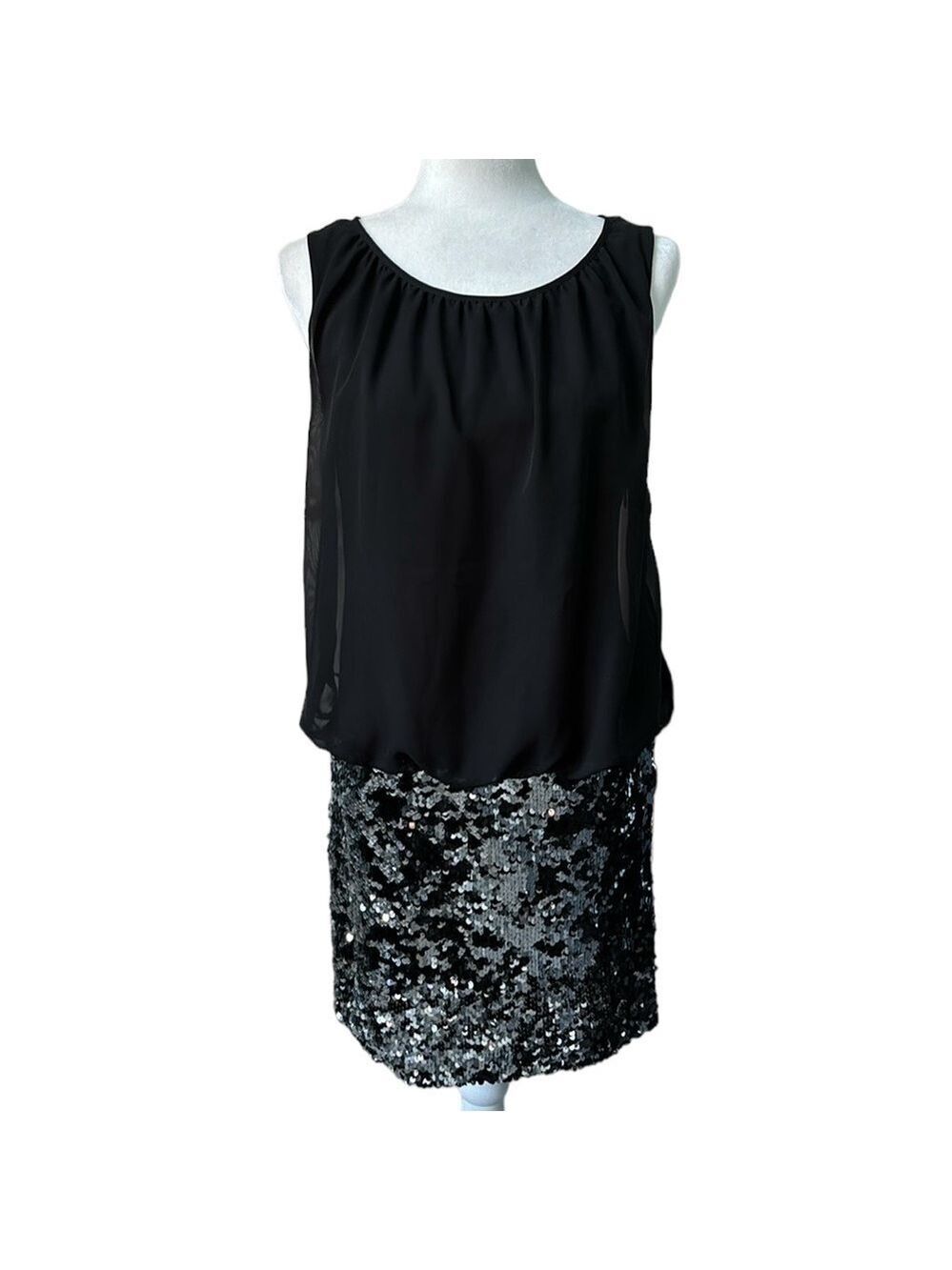Adrianna Papell Sequin Skirt Blouson Dress Black Sleeveless Size 8